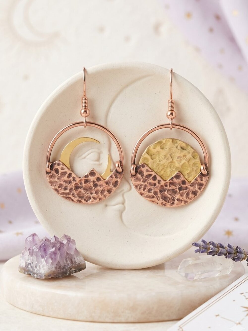 Hammered Sun Moon Dangle Earrings Gold Copper Tone Celestial Whimsigoth